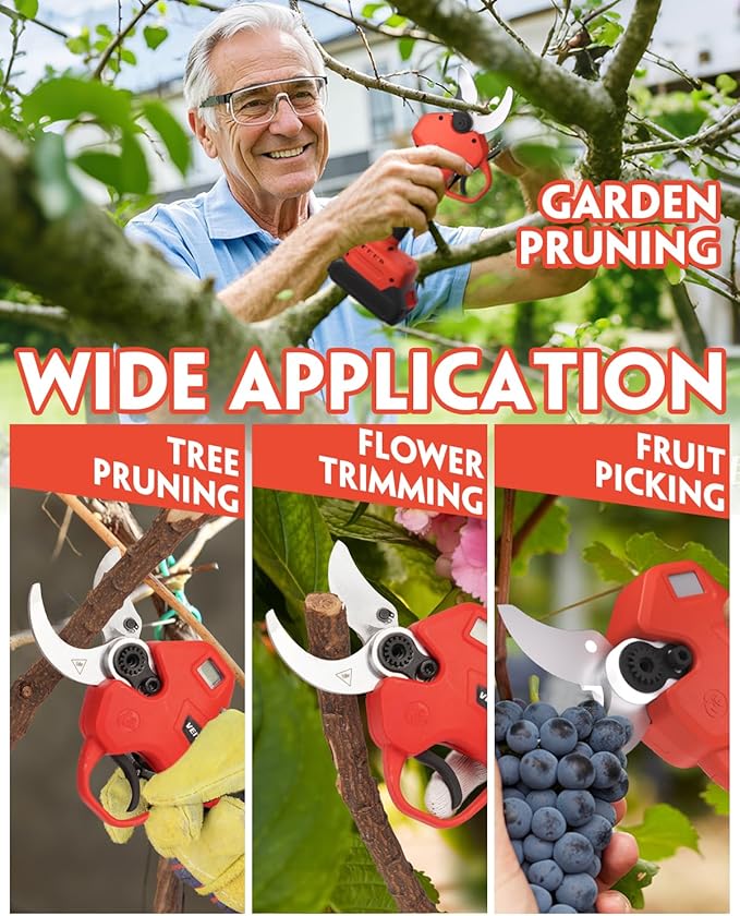 VEITORLD Electric Pruning Shears, Upgraded 1.6" Cutting Diameter Cordless Pruner with Brushless Motor, 2 * 2000mAh Rechargeable Batteries & SK5 Blade, Effortless Garden Pruning Tool for Tree Branches