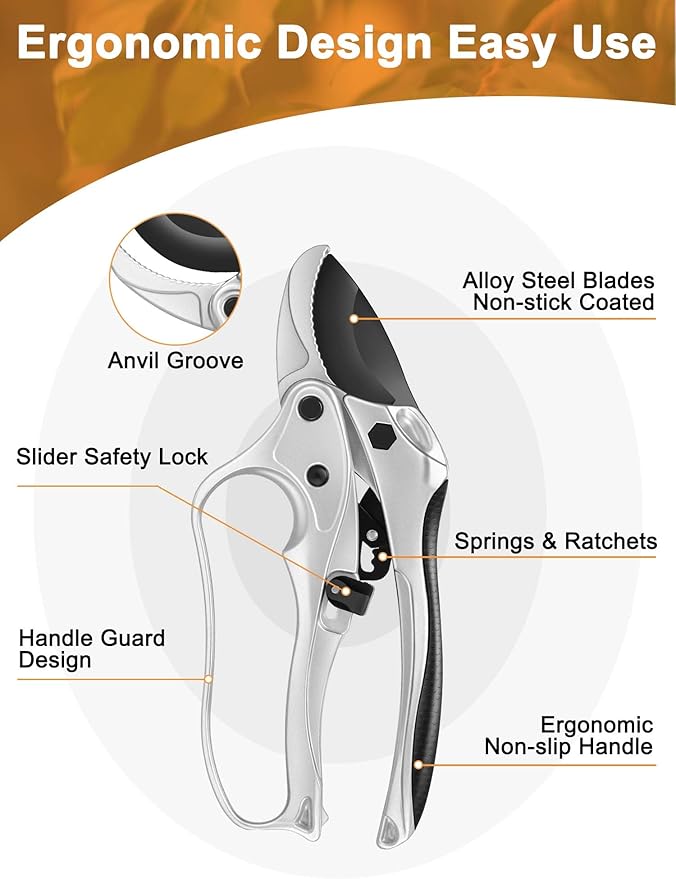 Ratchet Anvil Pruning Shears for Gardening Heavy Duty, Labor-Saving Design Garden Clippers for Arthritis Weak Hands, 3/4" Cut Capacity Branch Cutter for Tree Trimming, Flower, Rose, Plant