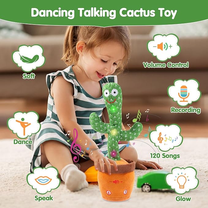 MIAODAM Dancing Talking Cactus Toy for Baby Toddler, Colorful Glowing Repeating What You Say, Singing Talking Toy 120 Pcs Songs for Baby Dancing Cactus Mimicking Toys