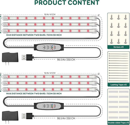 3-Bar Grow Light Strips for Indoor Plants, 16" Full Spectrum Plant Lights, 6500K Sunlike Grow Lights with 6/12/18H Timer, 5-Level Dimmable for Indoor Growing(2 Pack)