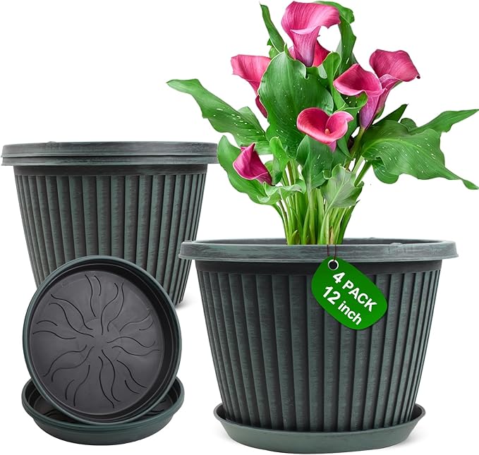 Large-Planter-Indoor-Outdoor Plant Pots, 12 inch 4 Pack Plastic Flower Pots with Saucer And Drainage Holes, Modern Garden Planters For Planting Medium Large Plants， Decorative Resin Garden Pots