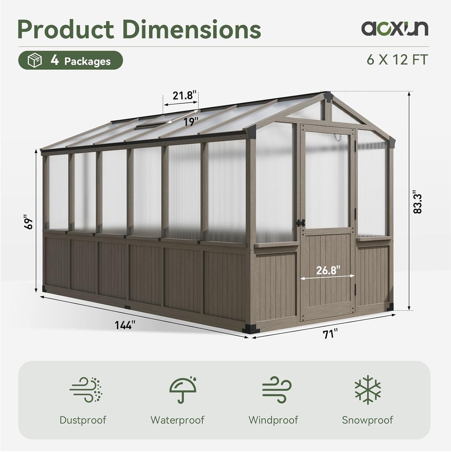 Aoxun 6x12 FT Walk-in Wooden Greenhouse,Solid Cedar Frame,Polycarbonate Panels, Automatically Temperature Control Roof Vent and Lockable Door,for Outdoor, Garden, Backyard,Patio, Lawn, Gray