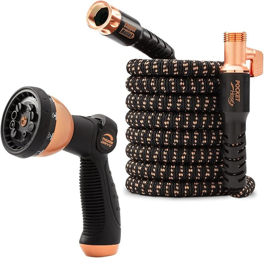 Pocket Hose Copper Bullet Expandable Garden Hose 50 FT w/10 Pattern Thumb Spray Nozzle AS SEEN ON TV 650psi 3/4 in Patented Lead-Free Ultra-Lightweight Solid Copper Anodized Aluminum Fittings No-Kink