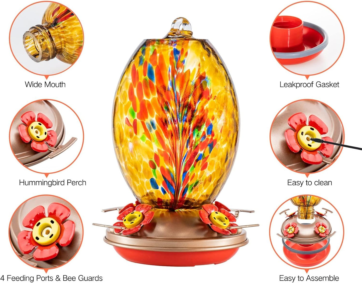 Muse Garden Glass Humming Bird Feeders for Outdoors - 27OZ Blown Glass Hummingbird Feeder - Unique Gift for Mom Women Grandparents, Outdoors Hanging Garden Decor, Ant Moat & Brush, Amber Fireworks