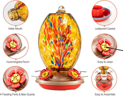 Muse Garden Glass Humming Bird Feeders for Outdoors - 27OZ Blown Glass Hummingbird Feeder - Unique Gift for Mom Women Grandparents, Outdoors Hanging Garden Decor, Ant Moat & Brush, Amber Fireworks
