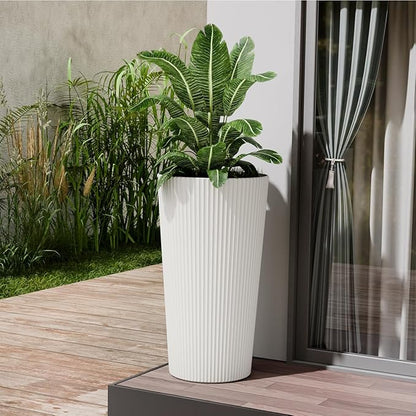 23.6" Tall Planters for Outdoor Plants,Large Outdoor Planters for Front Porch Decor with Drainage Hole, Flower Pots Fits Indoor Plants Patio/Garden, Plastic Striped White (2 Pack)