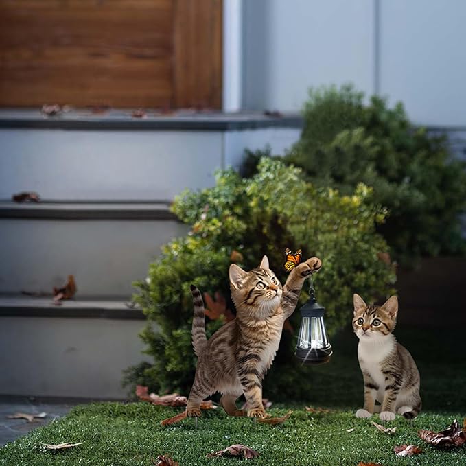 Garden Metal Cat Stake with Solar Light, Outdoor Solar Decoration, Cat Handheld Lantern for Outdoor Garden Lawn Patio, Set of 2