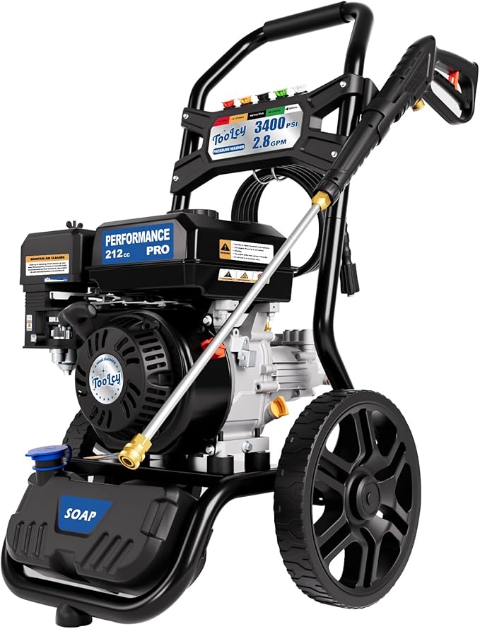 TOOLCY 3400 PSI Gas Pressure Washer, High-Performance 212cc OHV Engine, Reinforced Pump. Onboard Soap Tank, 30FT Hose, Spray Gun & 5 Nozzles, Max 2.8 GPM, Great for Cars/Driveways/Homes/Patios/Boats