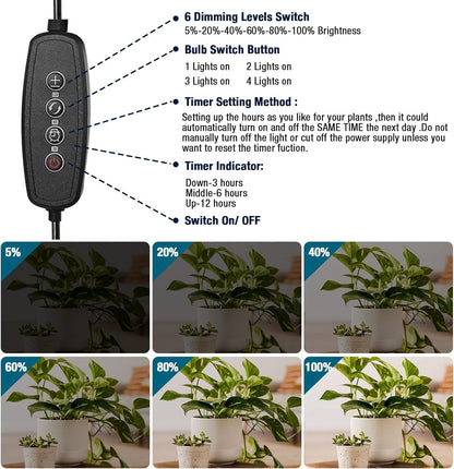 Full Spectrum Sunlight Growing Lamp Plants Grow Light Strips 4 Pack for Indoor Plants with Auto Timer 3/6/12H LED Grow Lights for Indoor Greenhouse Seedling, 16 Inches