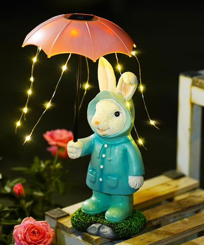 Solar Rabbit Garden Statue Outdoor Decor, Bunny Figurines Lights with Umbrella for Outside Yard Lawn Ornaments,Gifts for Mother's Day Birthday Easter Housewarming