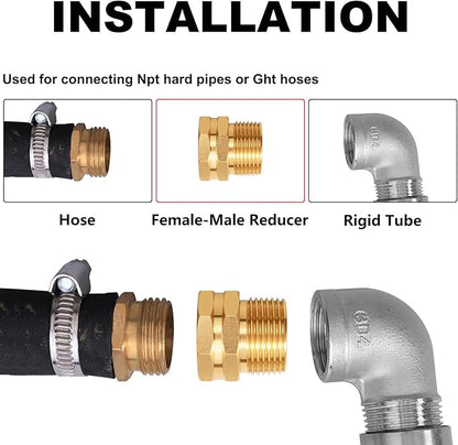 Garden Hose Adapter: Brass 3/4" GHT Female to 3/4" NPT Male Reducer, Leak-Proof Connector (3/4" GHT Female to 3/4" NPT Male, 3-Pack)