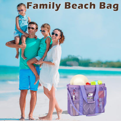 Mesh Beach Bag, Large Beach Tote with Zipper Pocket for Family Pool Bag for Toys & Vacation Essentials