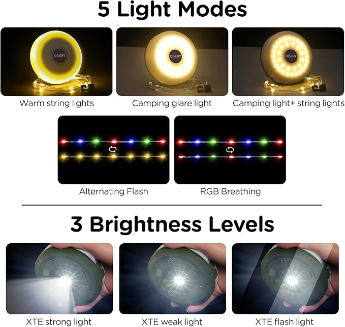 OGERY Camping String Lights, 4 in 1 Quick Storage 32.8FT Rechargeable Indoor Outdoor Fairy String Lights with 8 Lighting Modes, Hanging Portable LED Lamp for Christmas Decor Patio Party Essentials