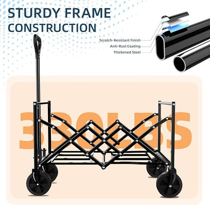 Favoyard Collapsible Wagon 100L & 330LBS, Heavy Duty Wagon Carts Foldable, Portable Folding Wagons with All - Terrain Wheels& Drink Holders, for Grocery Camping Beach Shopping Garden, Black