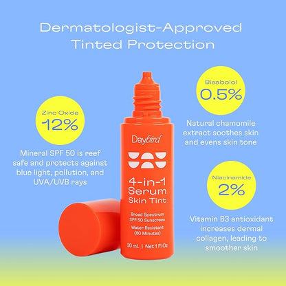 Daybird 4 in 1 Tinted Serum, Tinted Moisturizer and Sunscreen for Face, SPF 50+ Niacinamide, 1 Ounce (Medium-Deep)