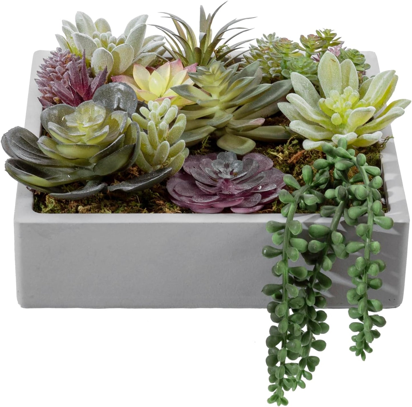MyGift 8 Inch Square Modern Artificial Succulent Arrangement Potted in Gray Concrete Plant Bowl, Assorted Faux Mini Succulents in a Decorative Planter Pot