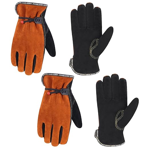 HLDD HANDLANDY 2 Pairs Leather Work Gloves for Men & Women – Cowhide Gardening Gloves, Thorn Proof, Cotton Lined, for Tig/Mig Welding, Construction, Chainsaw, Farm, Landscaping