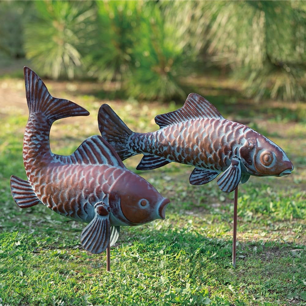 Set of 2 Koi Fish Decor Outdoor Statue Sculpture Garden Pond Fishes Yard Art Antique Copper Koi Sculptures & Statues Large Metal Koi Fish Figurine Ornaments Décor Gifts for Women Mom Grandma