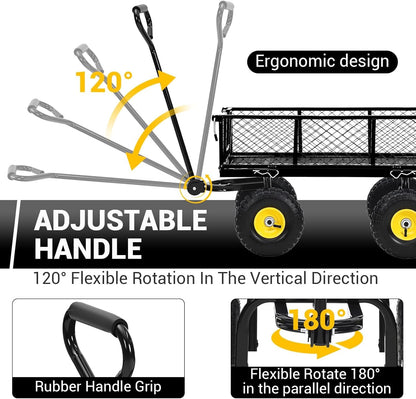 Steel Garden Cart, 900 LBS Heavy Duty Metal Garden Wagon with 10 in Wheels, Metal Push Wagon with 180° Rotating Handle and Removable Sides for Farm, Yard