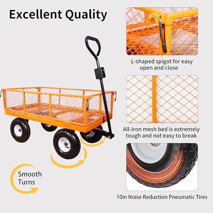 AAIN 1000 lbs Metal Garden Cart, Heavy Duty Garden Wagon with Removable Steel Mesh Sides, Utility Yard Carts with 180° Rotating Handle with 10 inch Wheels, 4cu.ft Load Capacity Outdoor Wagons