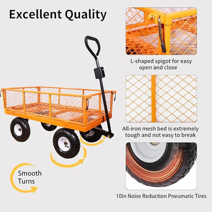AAIN 1000 lbs Metal Garden Cart, Heavy Duty Garden Wagon with Removable Steel Mesh Sides, Utility Yard Carts with 180° Rotating Handle with 10 inch Wheels, 4cu.ft Load Capacity Outdoor Wagons