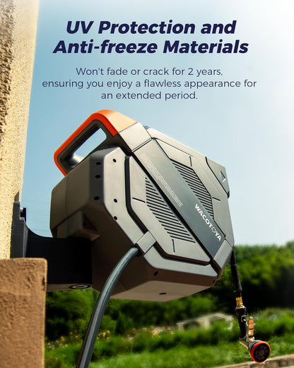 Retractable Garden Hose Reel 5/8 in x 75 ft Professional Metal Bracket & 9-Pattern Metal Nozzle UV Resistant Brass Fitting Heavy Duty Wall Mount Any Length Lock Slow Retraction 180° Swivel