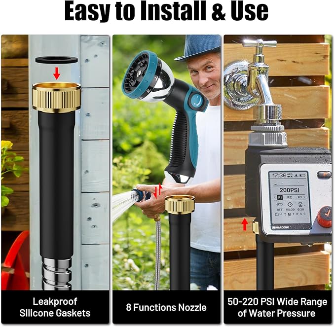 Short Garden Hose 3 ft, Male to Female Heavy Duty Stainless Steel Small Water Hose Extende Connector, Flexible No Kinks, Leakproof 3/4 in Fittings, Lightweight Metal Leader Hose,MBT3S Model