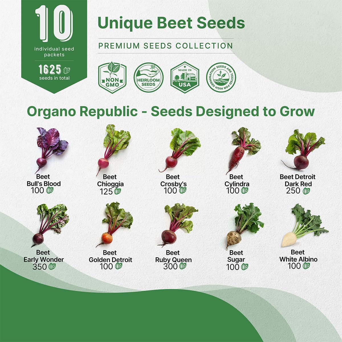 Organo Republic 10 Rare Beet Seeds Variety Pack for Planting Indoor & Outdoors 1625+ Heirloom Non-GMO Bulk Beets Gardening Seeds: Chioggia, Detroit Dark Red, Sugar, Cylindra, Bulls Blood, White Albino