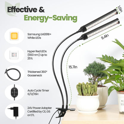 24V Grow Lights for Indoor Plants, 2 Head Full Spectrum LED Grow Light, LM281B+660nm Plant Lights for Indoor Growing, 5-Level Dimmable, 18W 370umol/s/m²@Dist:6in