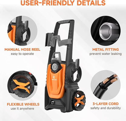 Giraffe Tools Electric Pressure Washer, 2400 PSI 2.3 GPM with 4 Quick-Connect Nozzles, 20FT Hose & Foam Cannon, Powerful Washer for Cars/Road/Driveways/Fences
