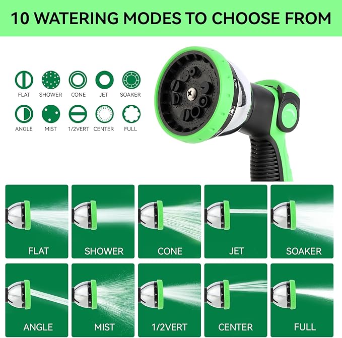 Garden Water Hose Nozzle Metal Heavy Duty Sprayer Thumb Control with 10 Spray Modes Suitable for Watering Plants, Iawn and Garden, Car Washing, Cleaning, Showering Pets and Outdoor Fun, Green