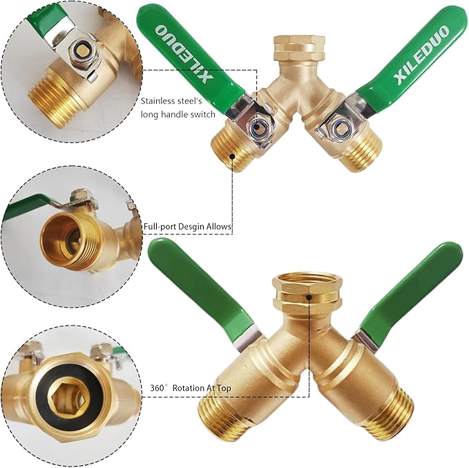 Garden Hose Splitter 2 Way,Brass Water Hose Splitter with Stainless Steel Long Handle,Outdoor Full Flow Hose Splitter Connector,Y Valve 3/4 Inch GHT Thread