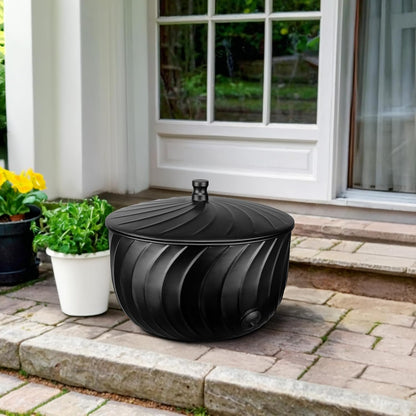 Monarch Abode Decorative Garden Hose Holder with Lid, Matte Black Storage for Outdoor Use, 100 ft Water Hose Pot for Outside, Wave Embossed Metal Pot with Drainage, Garden Storage Organizer