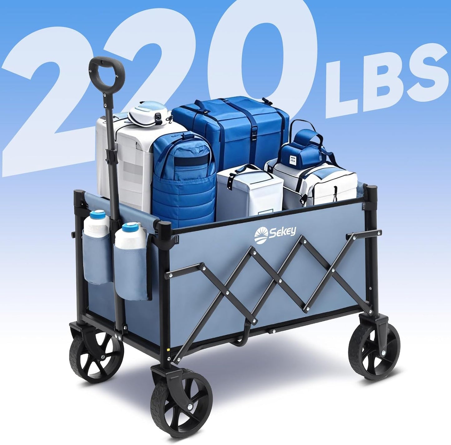 Sekey Heavy Duty Wagon with Big Wheels, Foldable Cart with 220LBS Capacity, Utility Lightweight Wagon, Collapsible Grocery Shopping Cart for Camping Sports & Holiday. Blue