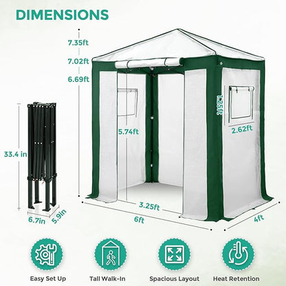 EAGLE PEAK 6x4 Portable Walk in Greenhouse with Polyester Reinforced Corners, Instant Pop up Indoor Outdoor Gardening Green House, Roll Up Zipper Entry Door and Mesh Windows, Green/White