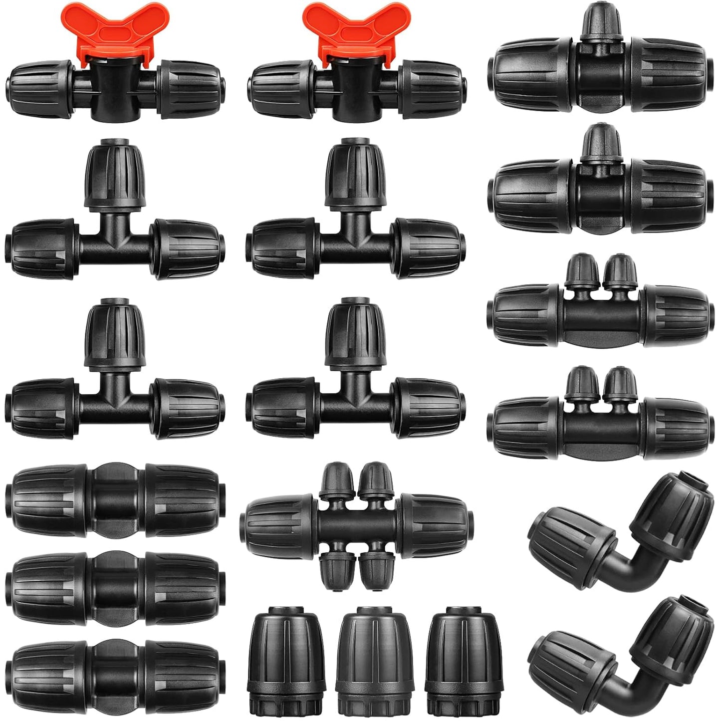 Drip Irrigation Fittings Kit for 1/2 Inch Tubing：1/2'' Drip Line Anti-drop Barbed Locked Nut Connectors 19 Pieces Set Include 3 Couplings 4 Tees 2 Elbows 2 Valves 5 Reducing Tee 3 Plugs