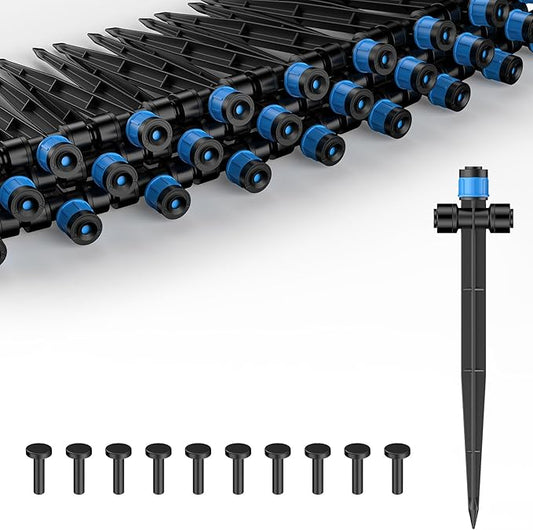Pawfly 30 Pcs Push-to-Fit Drip Irrigation Emitters for 1/4 Inch Tubing, Two-Way Connection Irrigation Drippers with Adjustable 360 Degree Water Flow, Drip Emitters Sprayers with Stake & End Plugs
