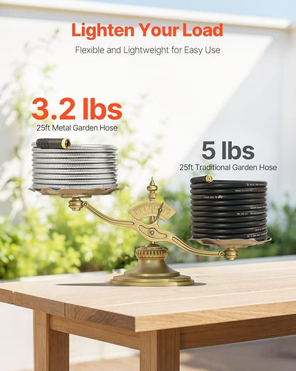 VEVOR Metal Garden Hose 25 ft, Rust Proof Stainless Steel Water Hose, Heavy Duty Backyard Hose with 10 Function Nozzle, No-Kink & Flexible Water Pipe, Lightweight Metal Hose for Yard, Outdoor