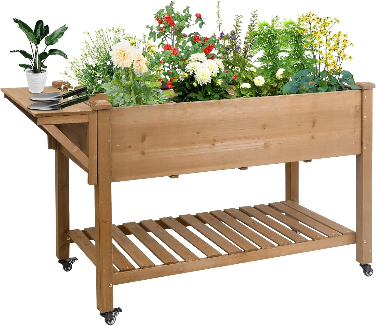 Raised Garden Bed with Wheels, Wood Elevated Garden Box with W-Connection Tabs，for Vegetable, Flower, Herb, Large Storage Shelf, Easy to Assemble, 55.5x24x32in