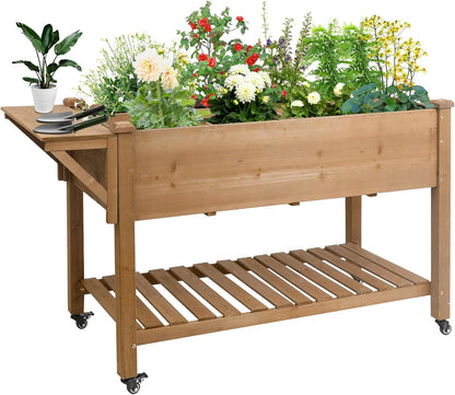 Raised Garden Bed with Wheels, Wood Elevated Garden Box with W-Connection Tabs，for Vegetable, Flower, Herb, Large Storage Shelf, Easy to Assemble, 55.5x24x32in