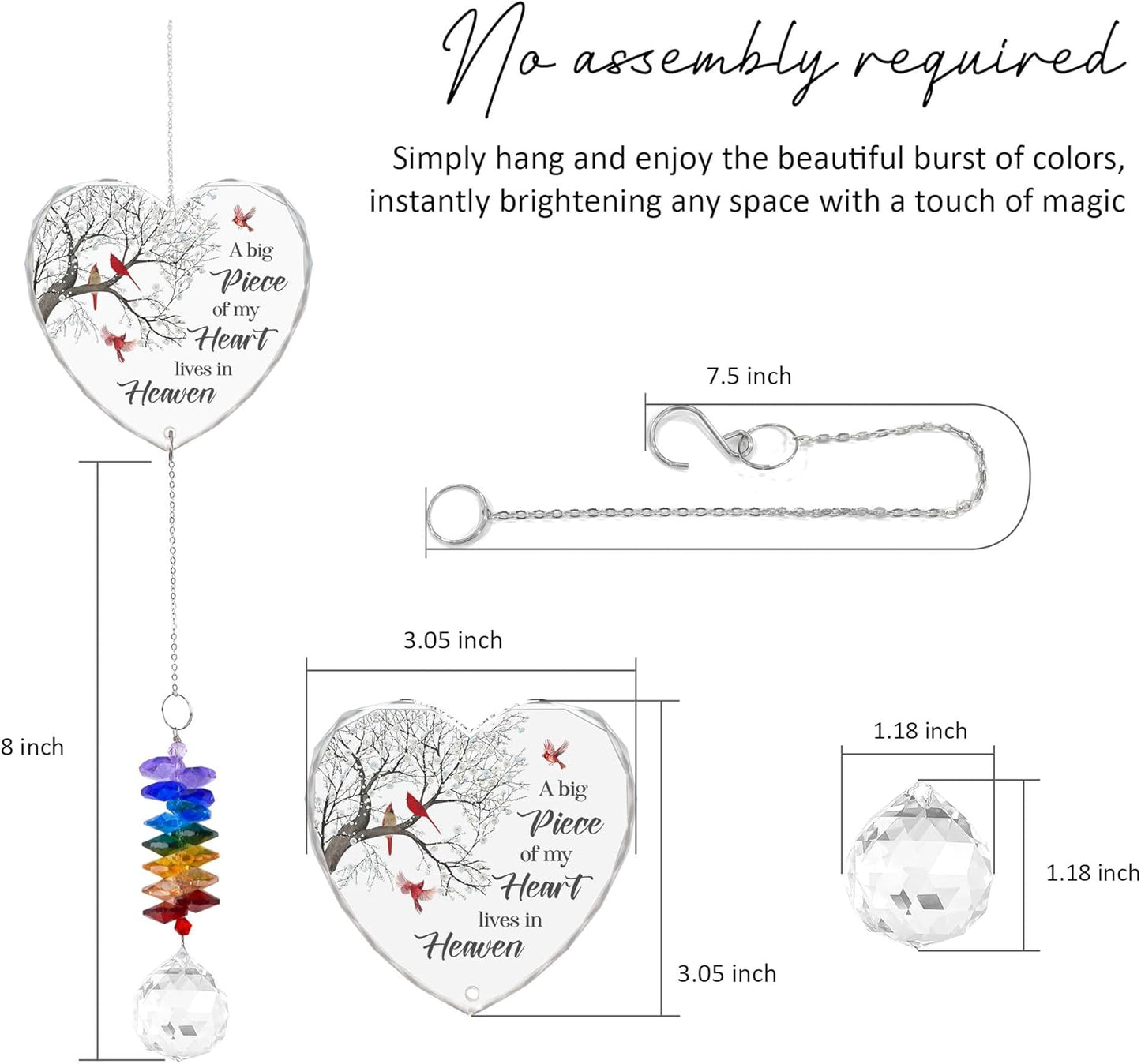 Glass Suncatcher Ornament - A Big Piece of My Heart Lives in Heaven - Sympathy Gifts for Loss of Loved Ones - Christmas Tree Remembrance Hanging Pendant - Crystal Rainbow Maker
