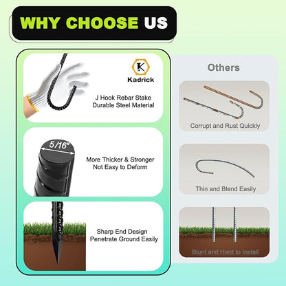 Kadrick 32-Pack Rebar Stakes 12 inch，J Hook Ground Stakes Anchors, Black Galvanized Fence Stakes,Heavy Duty 5/16'' Diameter