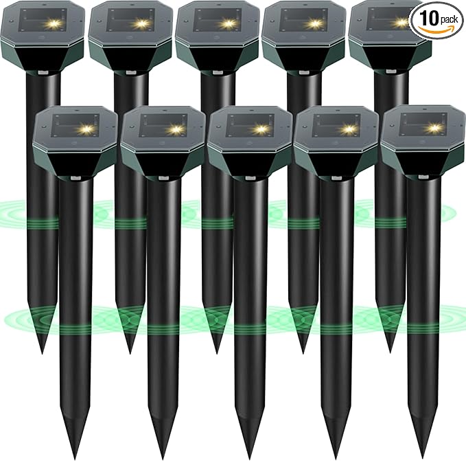 Snake & Mole & Rabbit & Skunk Repellent Solar Powered, 2025 Upgraded Ultrasonic Deterrent, IP65 Waterproof, Gopher Groundhog Chipmunk Raccoon and Vole Repellent & Deterrent for Lawn & Garden, 10 Pack
