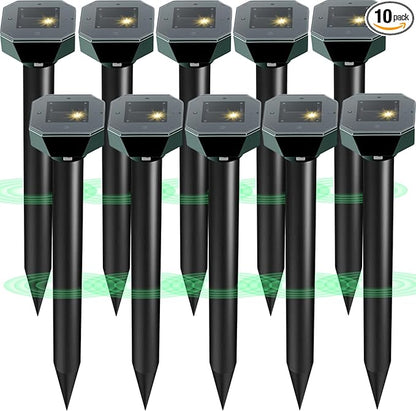 Snake & Mole & Rabbit & Skunk Repellent Solar Powered, 2025 Upgraded Ultrasonic Deterrent, IP65 Waterproof, Gopher Groundhog Chipmunk Raccoon and Vole Repellent & Deterrent for Lawn & Garden, 10 Pack