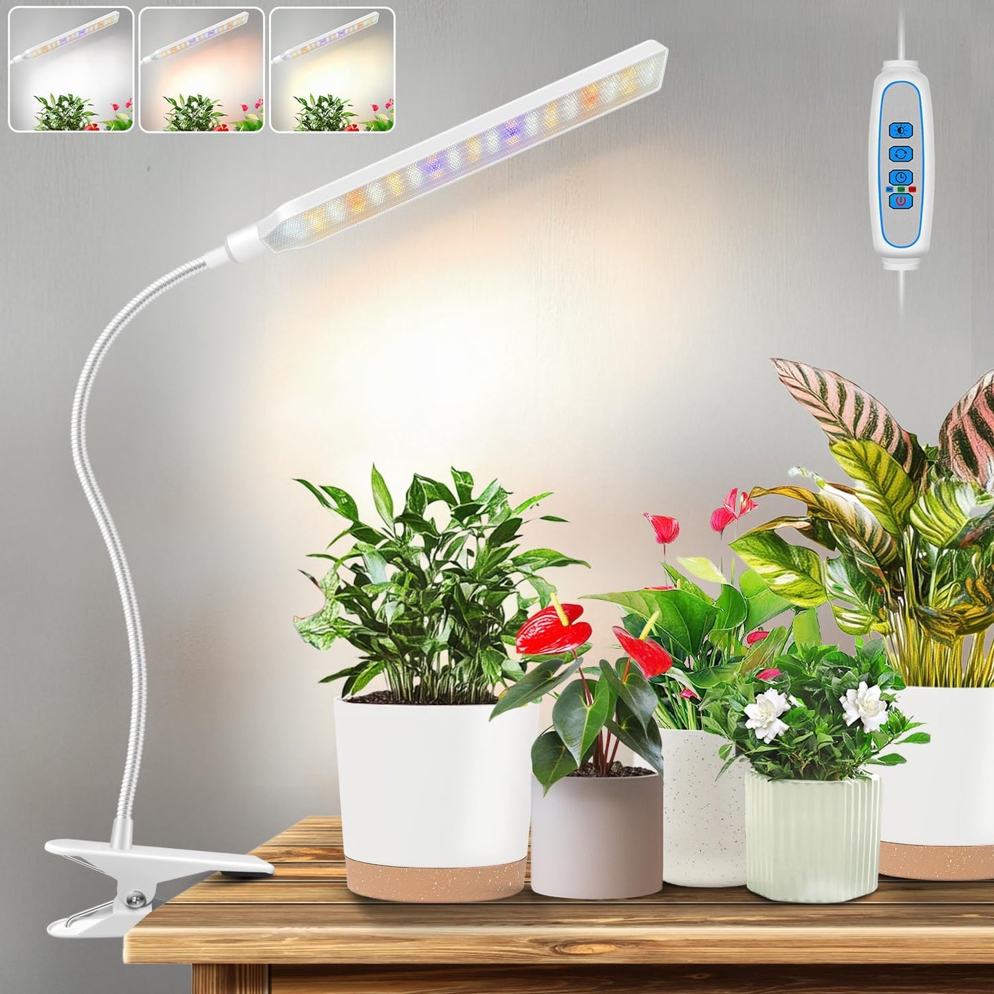 Kullinss Grow Lights for Indoor Plants with Clip, 10W 57 LEDs White Plant Lights for Indoor Growing with 6/12/16H Timer, 3 Color Modes, Full Spectrum Sunlike Plant Growing Lamp for Bonsai, Herbs