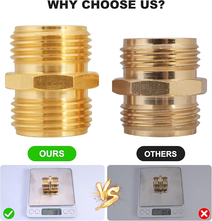 UNWAVER Solid Brass Garden Hose Fittings Male Connectors Adapter Heavy Duty Brass Double Male Faucet Leader Coupler Dual Water Hose Connector(3/4" GHT) 2 Pcs