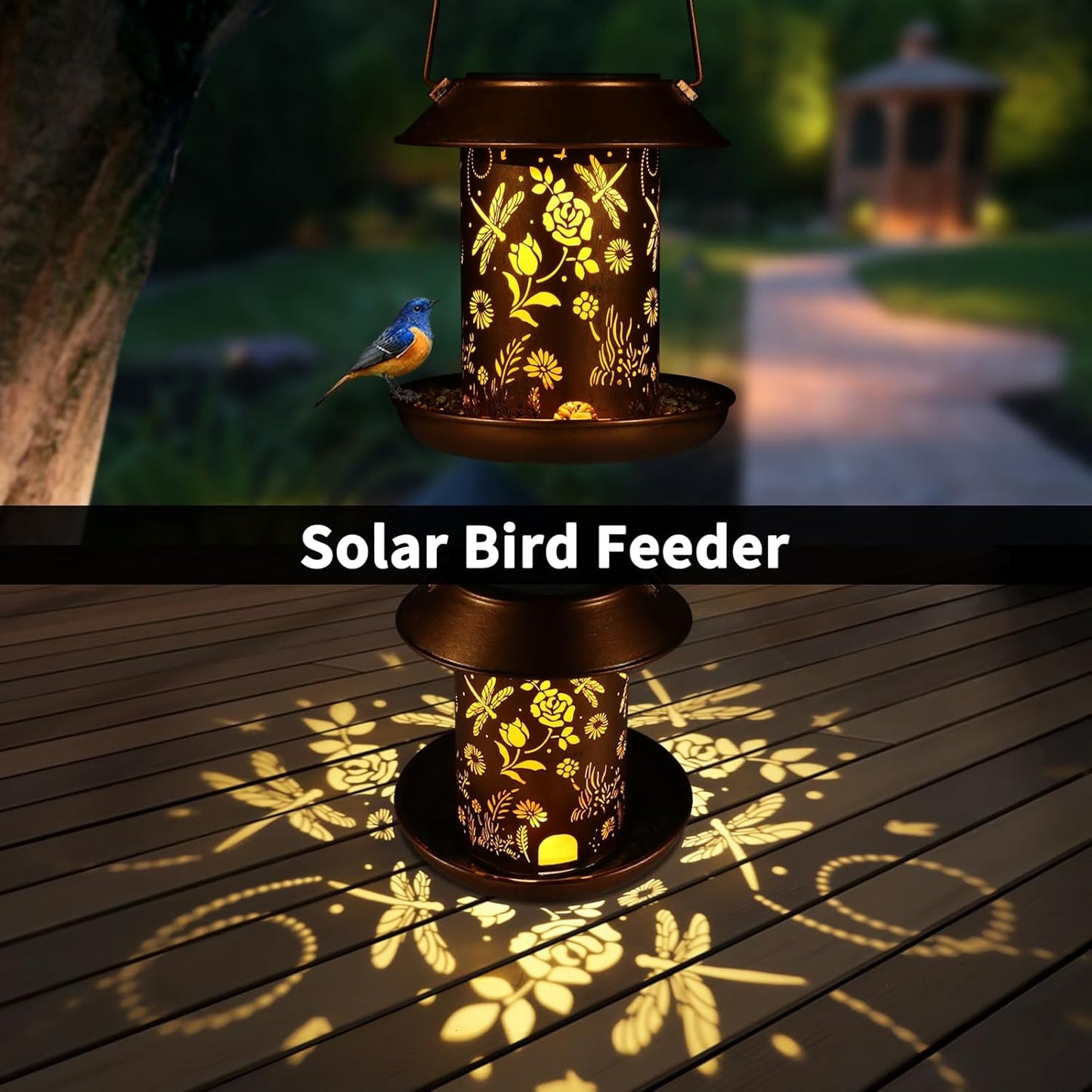 Solar Bird Feeder for Outdoors Dragonfly Solar Lanterns Metal Waterproof Outside Wild Bird Feeders Birthday Gifts for Women Mom Grandma Outdoor Hanging Garden Decor Lights for Yard, Patio,