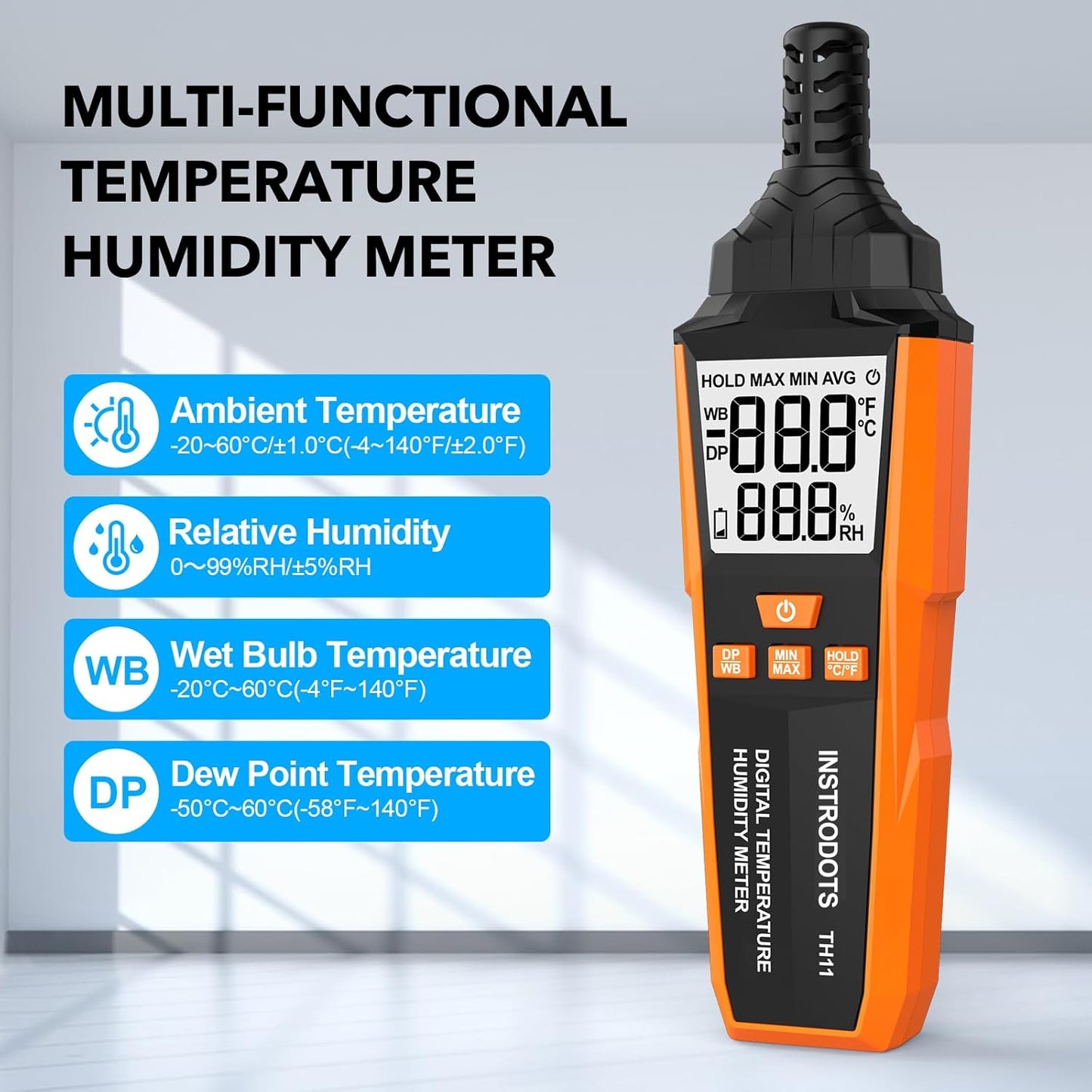 Temperature Humidity Meter, High Precision Digital Hygrometer with Ambient, Dew Point, Wet Bulb Temperature for Indoor Outdoor, Thermometer with Min/Max, Data Hold, LCD Backlight, TH11