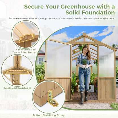 Restland 6x8 FT Wood Greenhouse for Outdoors Reinforced Frame Walk-in Greenhouses with Adjustable Roof Vents & Lockable Door Polycarbonate Green House for Outside
