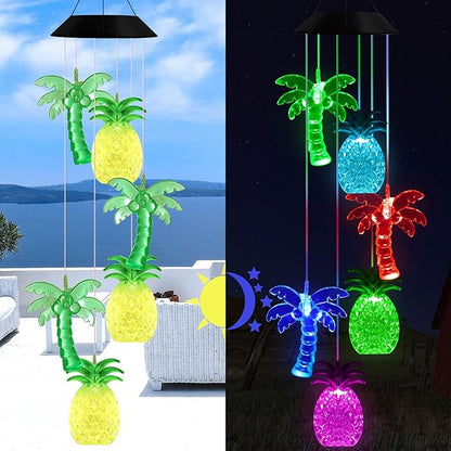 Solawindchime Palm Tree Pineapple Wind Chime, Color Changing Pineapple Palm Trees Wind Chimes Outdoor, Home, Yard, Balcony, Night Garden Decoration, Gifts for Women